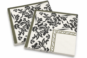 Premsons® Pack of 2 Ivory Tissue Paper Napkins with Black Damask Floral Print & Olive Green Border, 34 × 34 cm