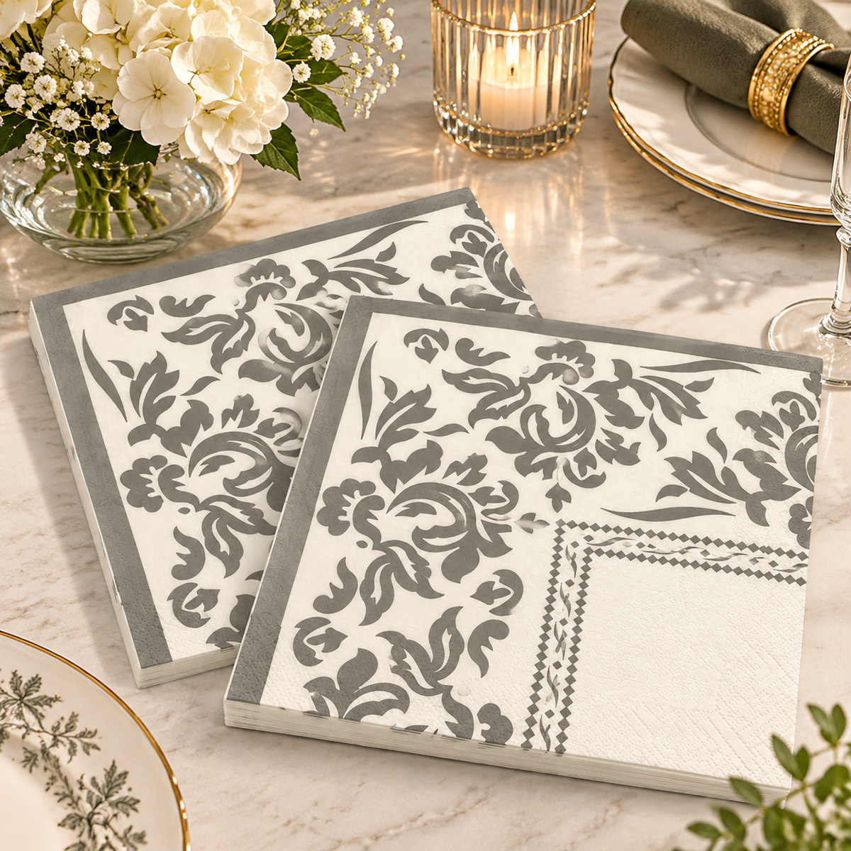Premsons® Pack of 2 Ivory Tissue Paper Napkins with Silver Grey Damask Floral Print, 34 × 34 cm