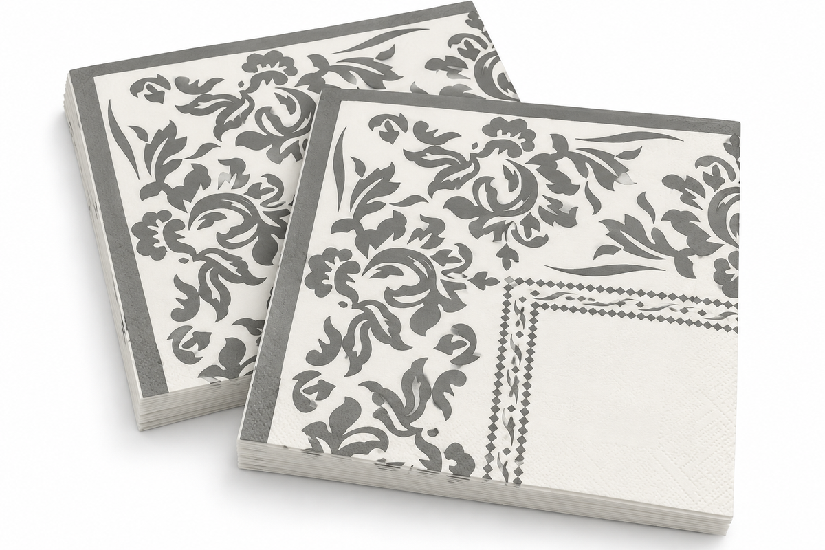 Premsons® Pack of 2 Ivory Tissue Paper Napkins with Silver Grey Damask Floral Print, 34 × 34 cm