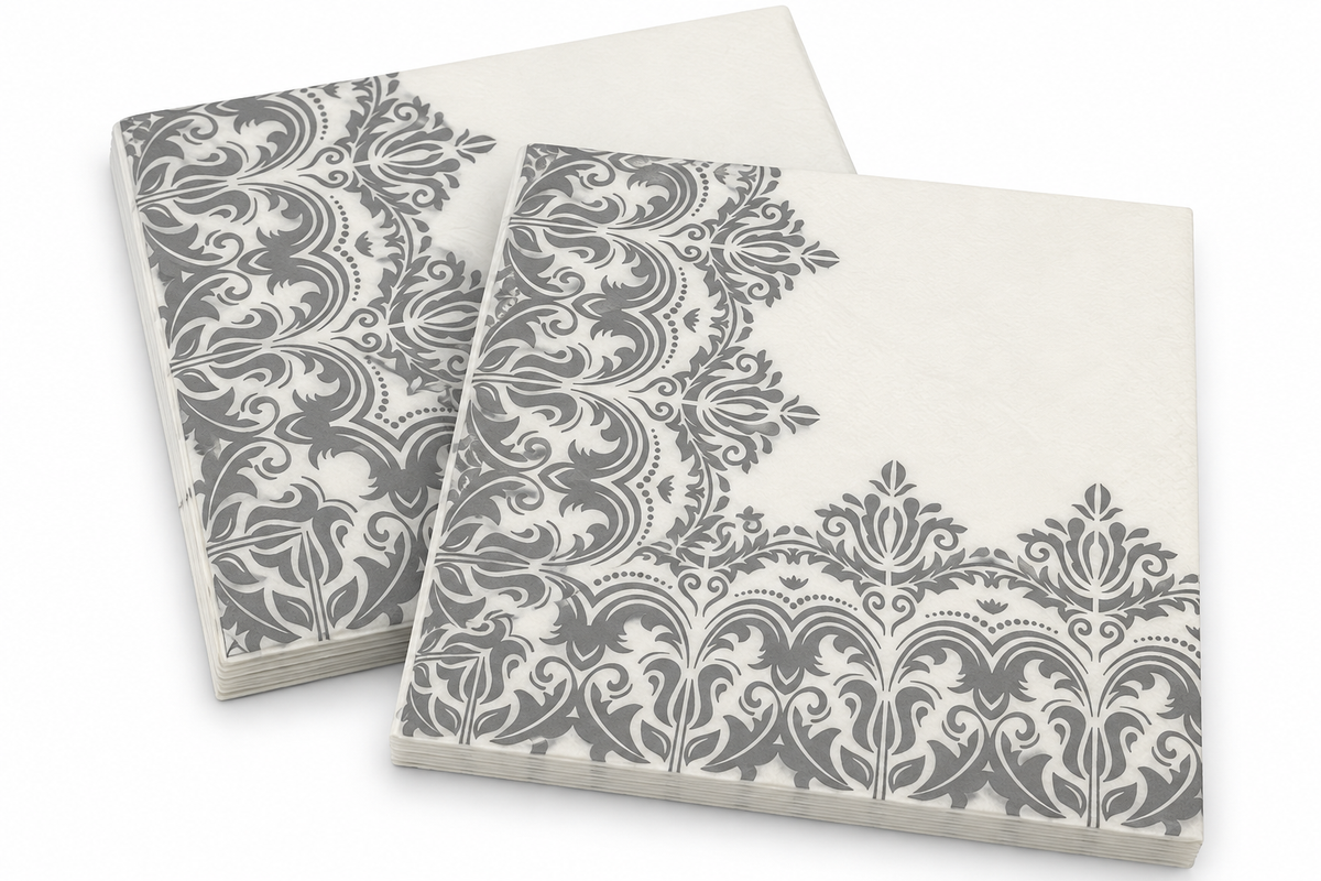 Premsons® Pack of 2 Ivory Tissue Paper Napkins with Silver Grey Ornamental Damask Border, 34 × 34 cm
