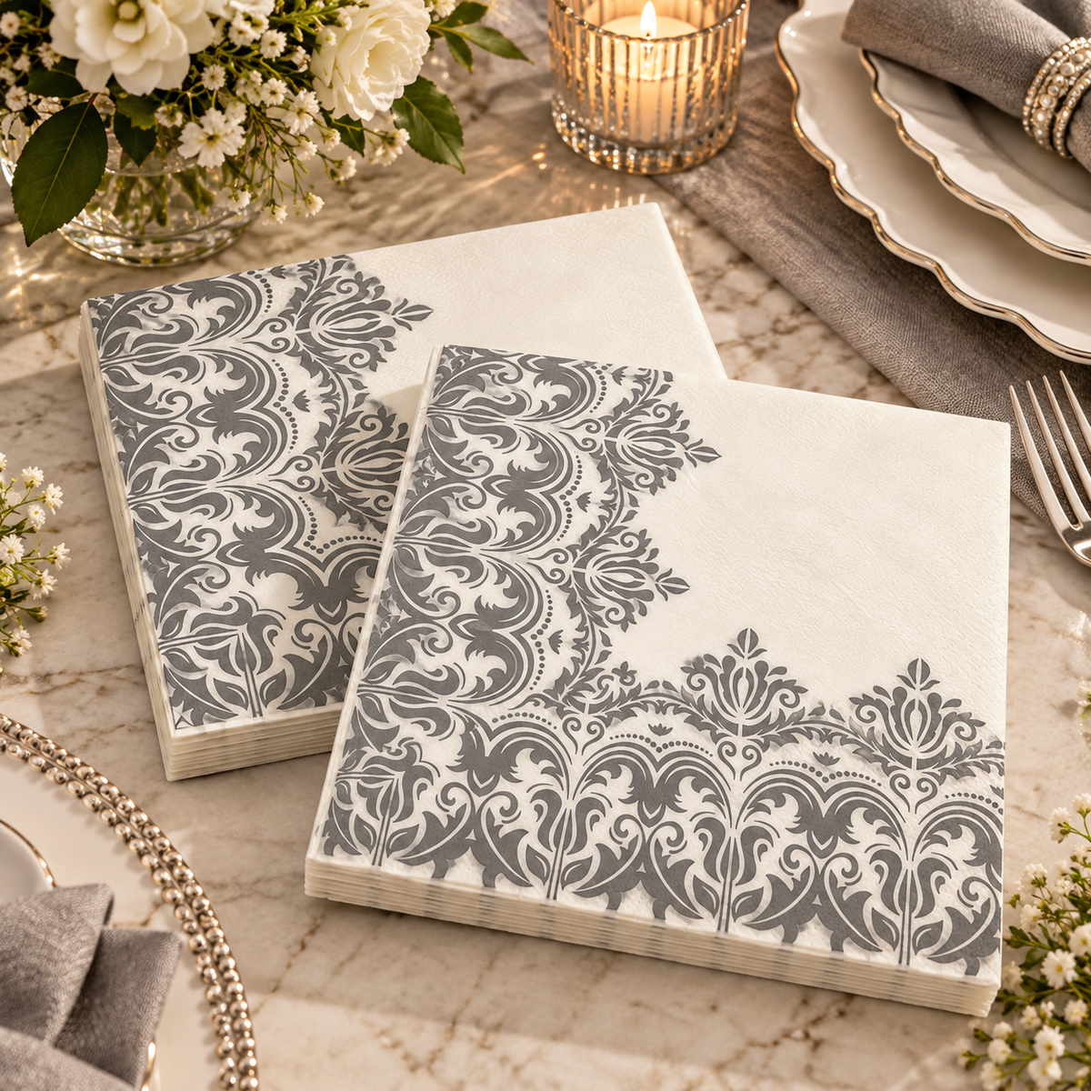 Premsons® Pack of 2 Ivory Tissue Paper Napkins with Silver Grey Ornamental Damask Border, 34 × 34 cm
