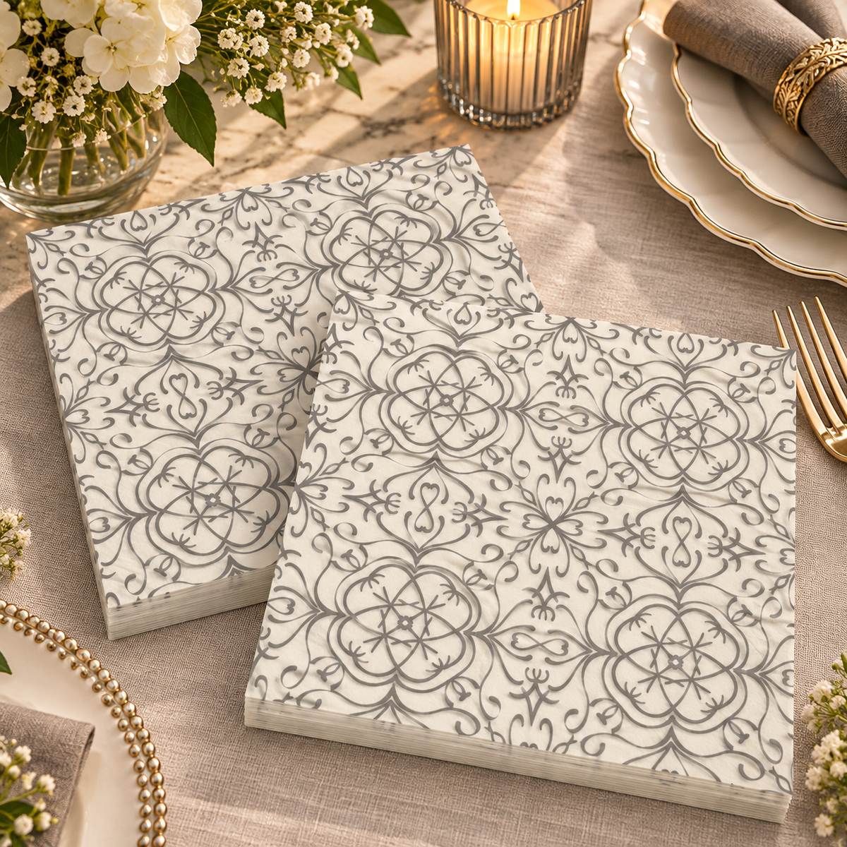 Premsons® Pack of 2 Ivory Tissue Paper Napkins with Silver Grey Geometric Floral Print, 34 × 34 cm