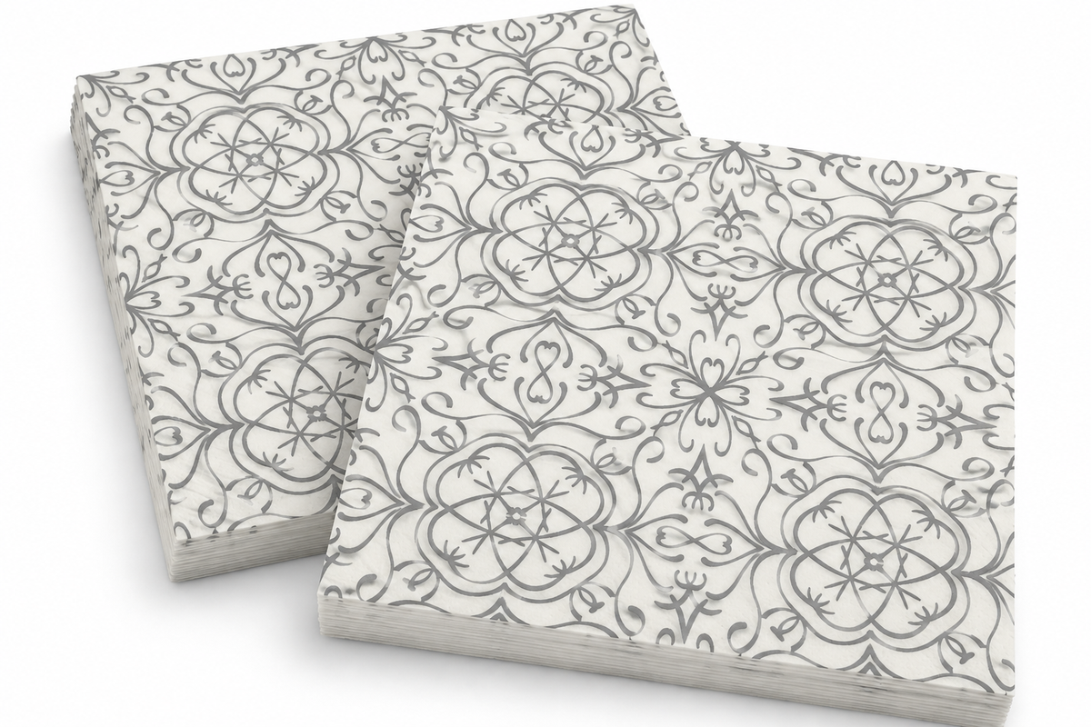 Premsons® Pack of 2 Ivory Tissue Paper Napkins with Silver Grey Geometric Floral Print, 34 × 34 cm