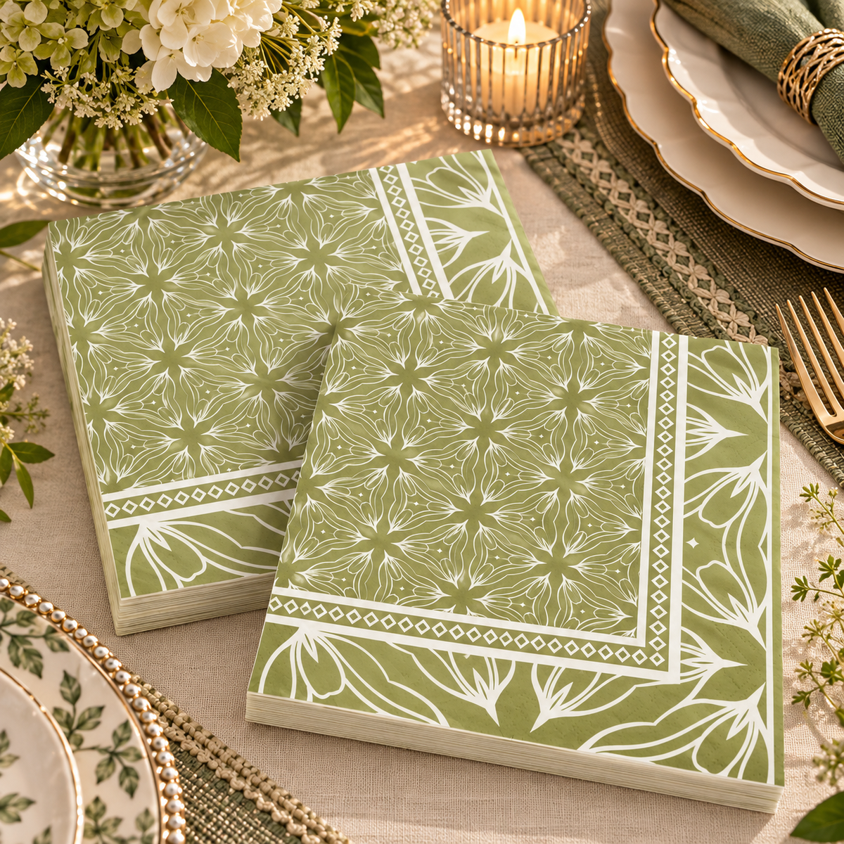 Premsons® Pack of 2 Sage Green Tissue Paper Napkins with White Geometric Floral Print & Decorative Border, 34 × 34 cm