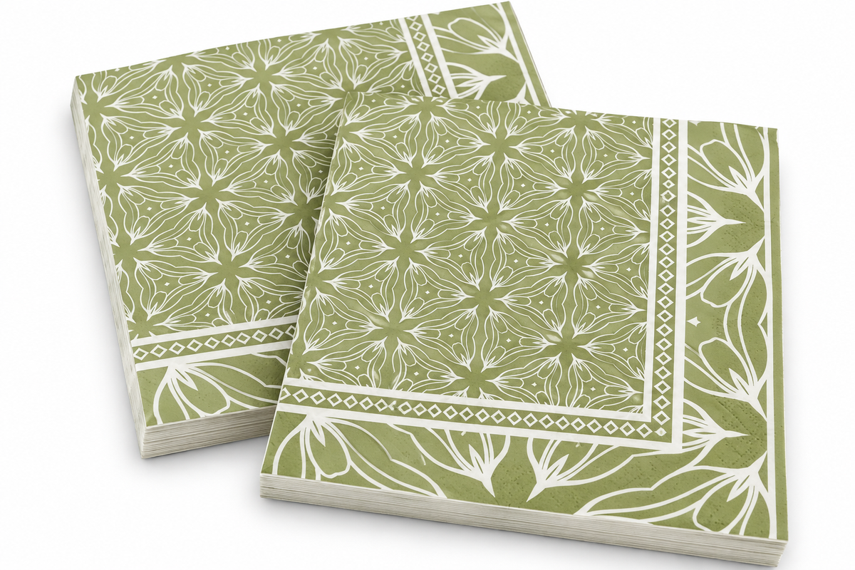 Premsons® Pack of 2 Sage Green Tissue Paper Napkins with White Geometric Floral Print & Decorative Border, 34 × 34 cm