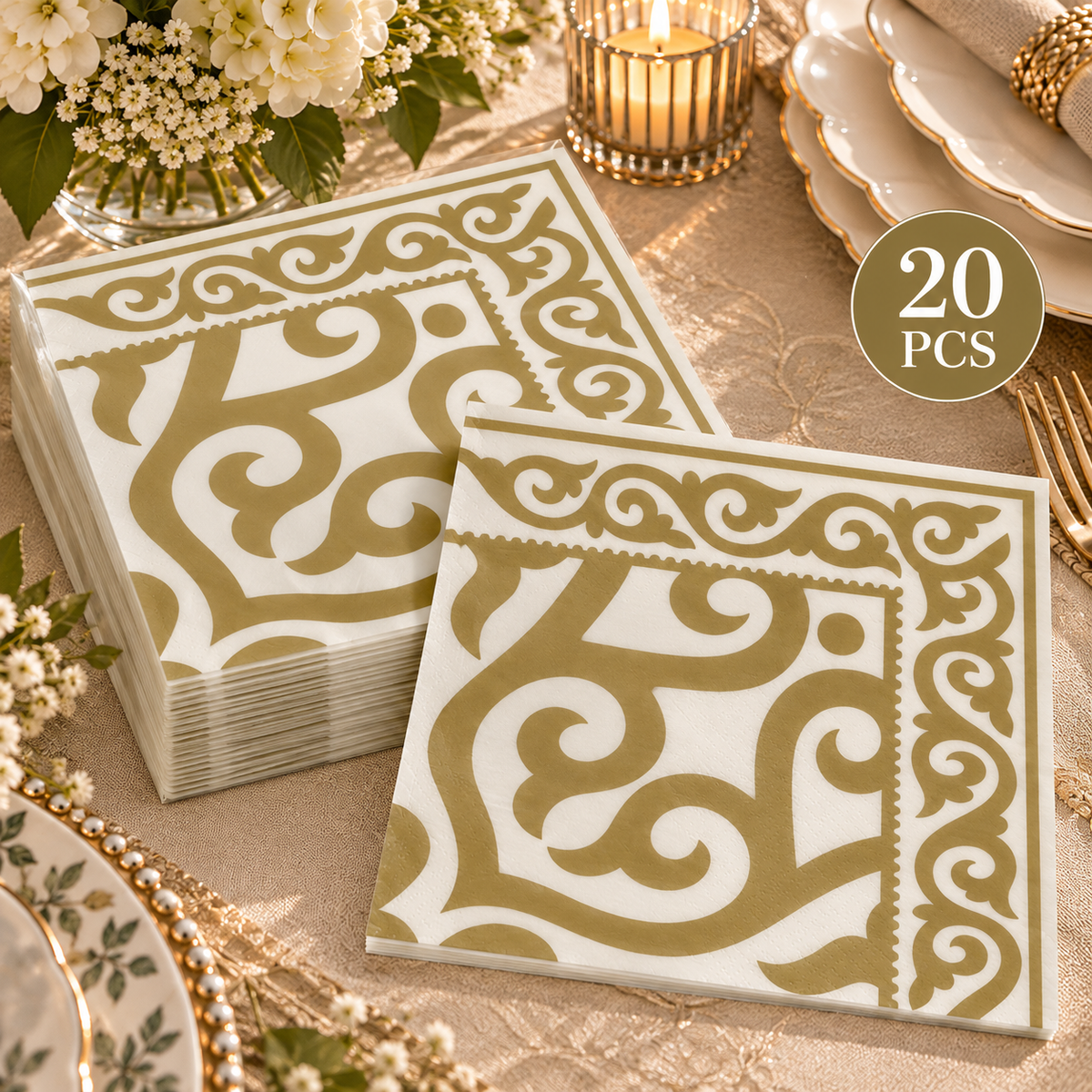 Premsons® Pack of 2 Ivory Tissue Paper Napkins with Gold Scrollwork Print & Ornamental Border, 34 × 34 cm
