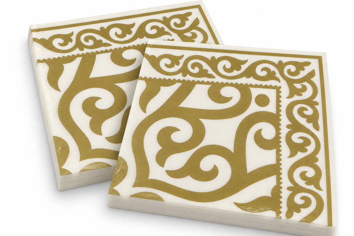 Premsons® Pack of 2 Ivory Tissue Paper Napkins with Gold Scrollwork Print & Ornamental Border, 34 × 34 cm