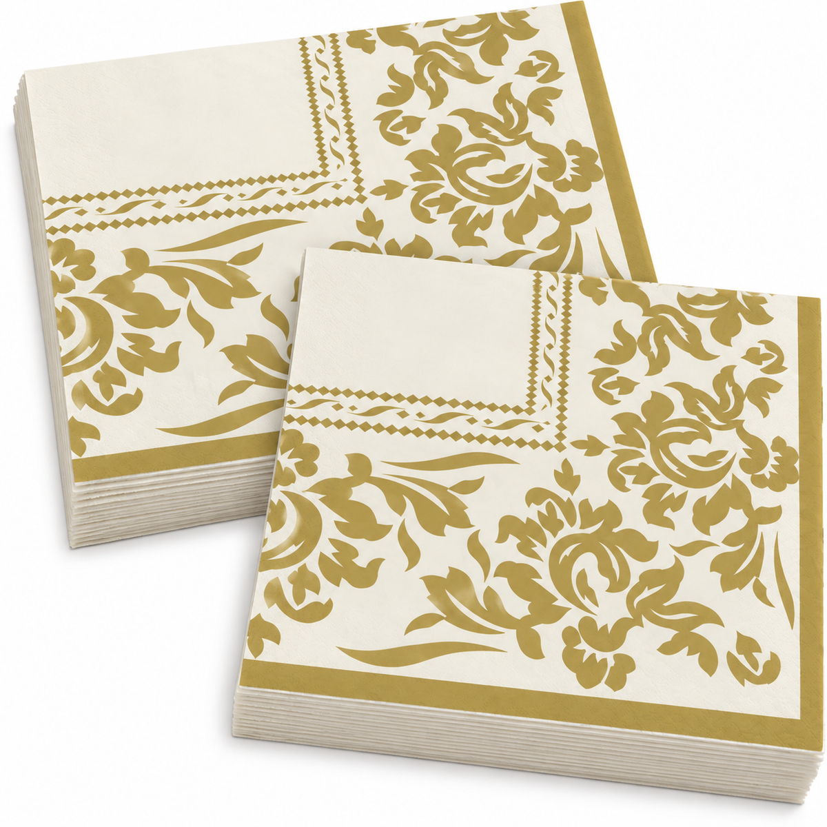 Ivory tissue paper napkins with gold floral scrollwork and decorative border, pack of 2