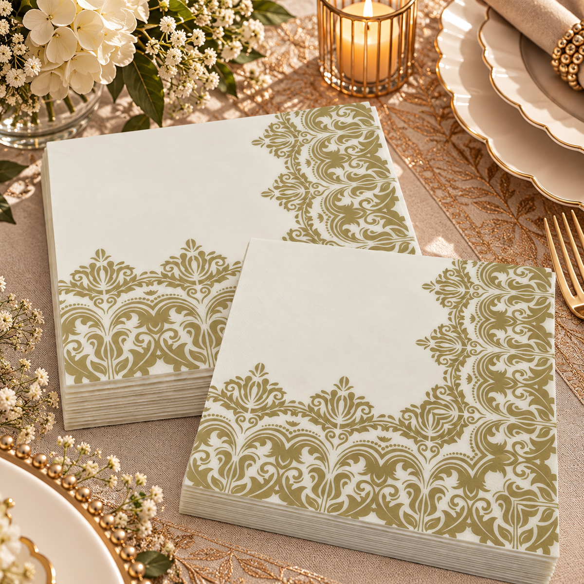 Premsons® Ivory Tissue Paper Napkins with Gold Damask Floral Border, Pack of 2, 34 × 34 cm