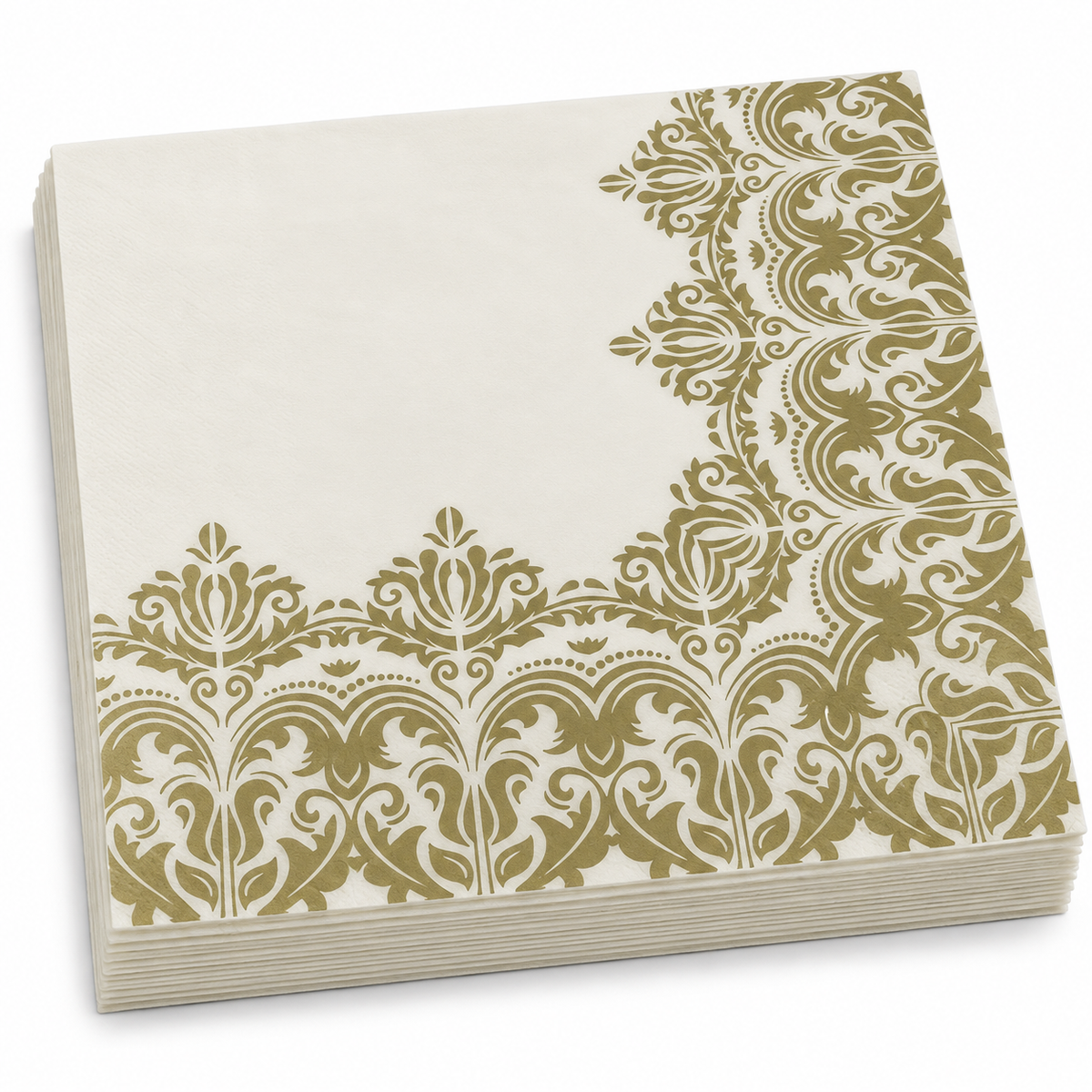 Premsons® Ivory Tissue Paper Napkins with Gold Damask Floral Border, Pack of 2, 34 × 34 cm