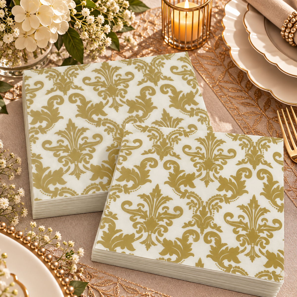 Premsons® Ivory Tissue Paper Napkins with Gold Damask All-Over Print, Pack of 2, 34 × 34 cm