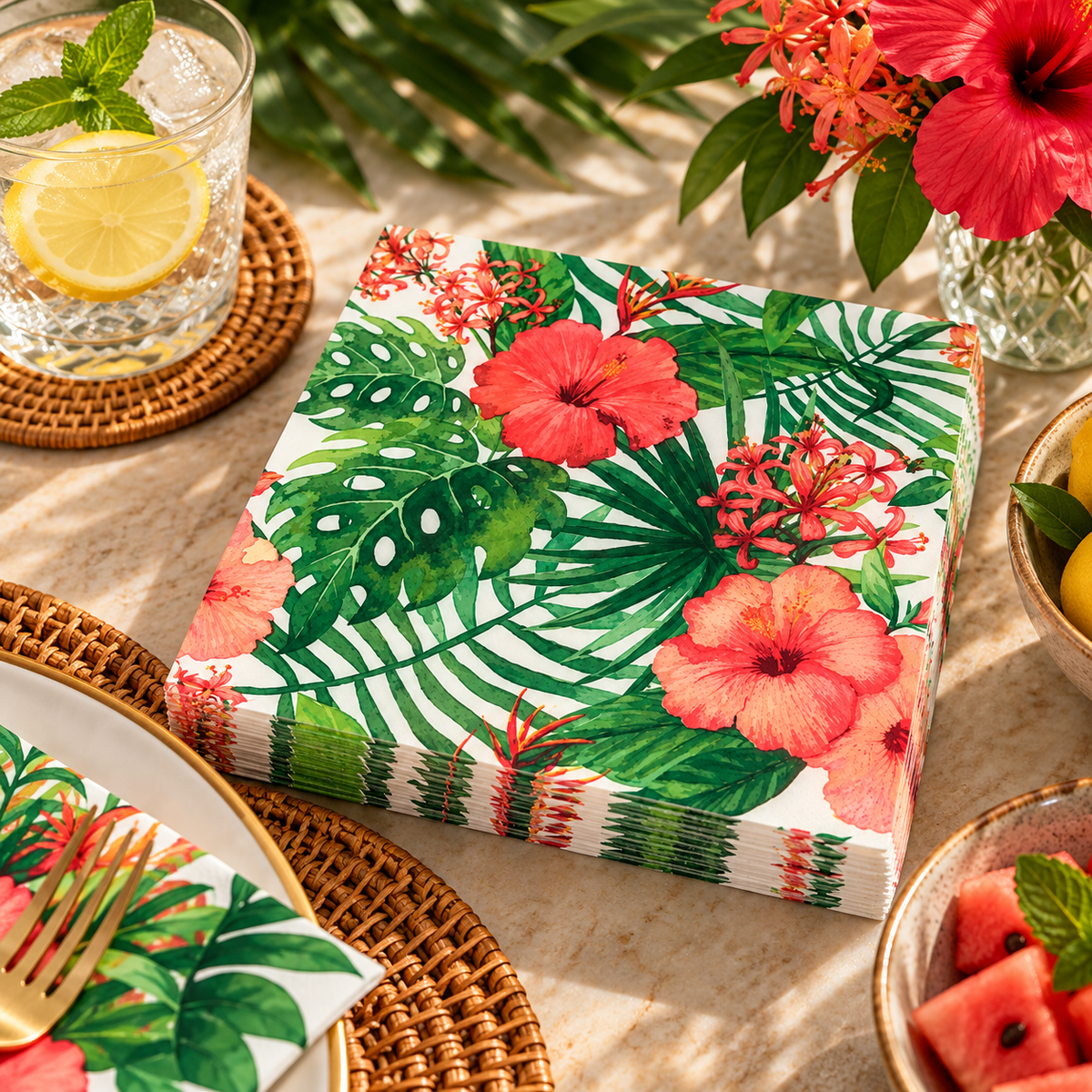 Premsons® Tropical Hibiscus Floral Tissue Paper Napkins, Green Leaf Print, 34 × 34 cm, Pack of 2