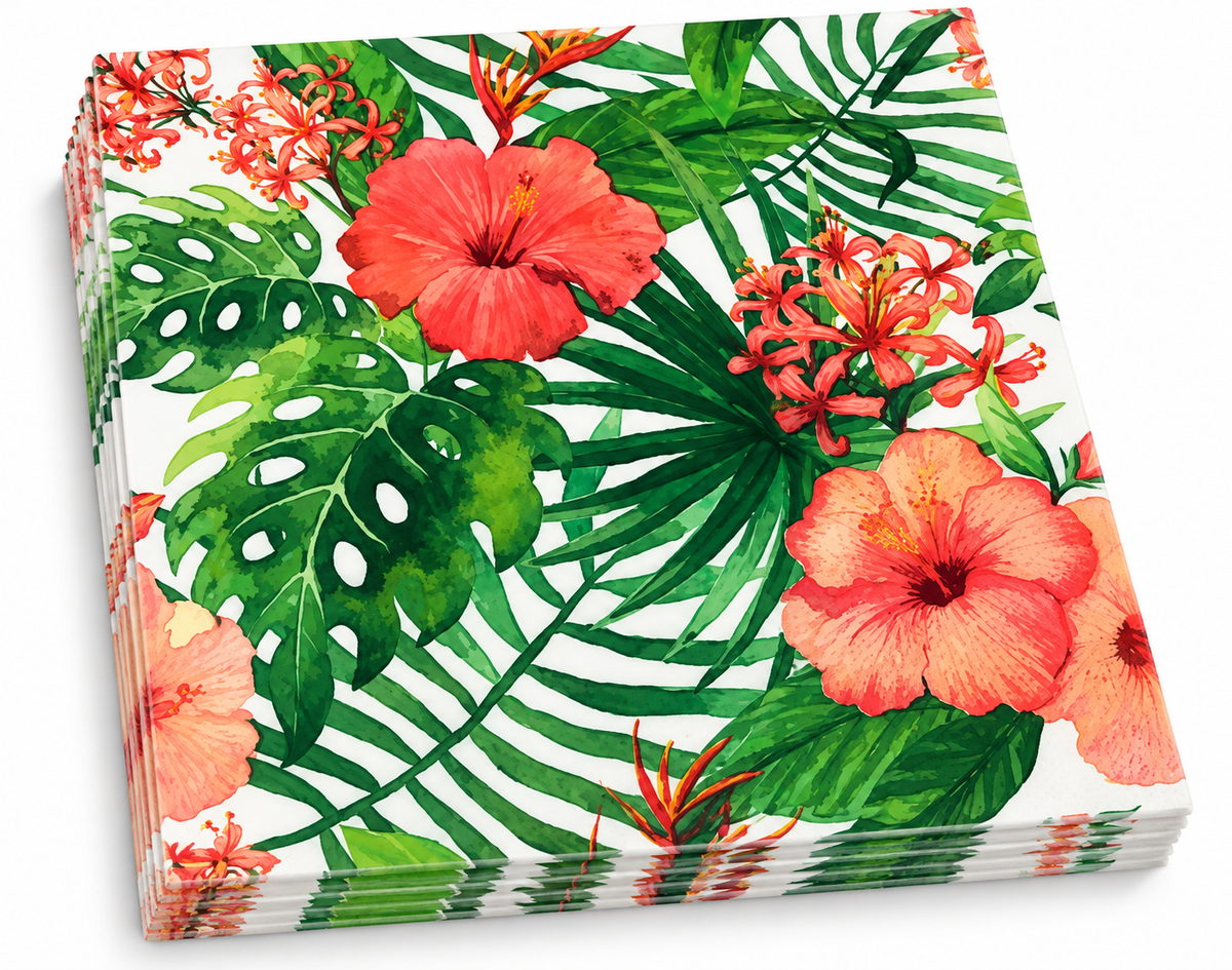 Premsons® Tropical Hibiscus Floral Tissue Paper Napkins, Green Leaf Print, 34 × 34 cm, Pack of 2