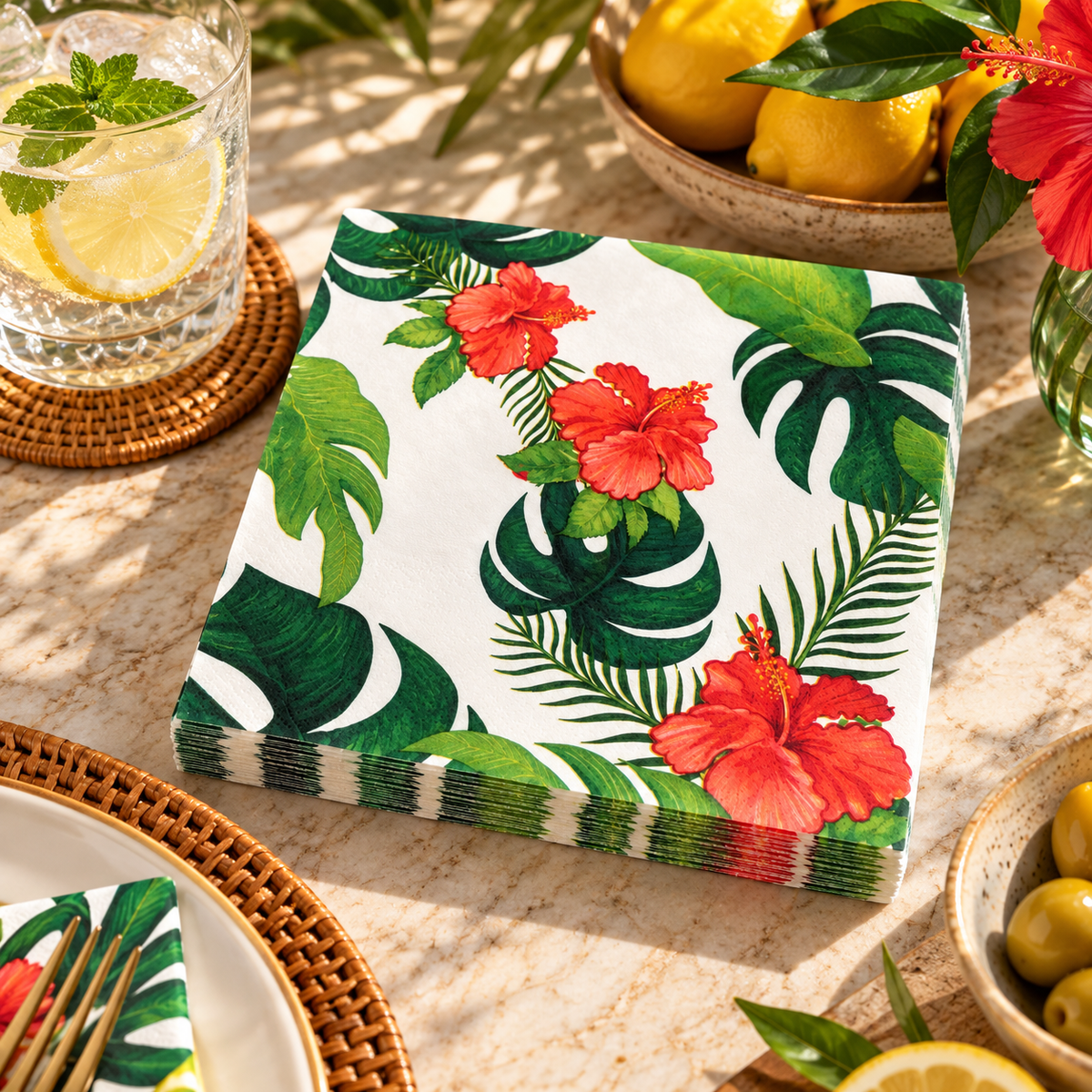 Premsons® Coral Hibiscus and Monstera Leaf Tissue Paper Napkins, Tropical Print, 34 × 34 cm, Pack of 2