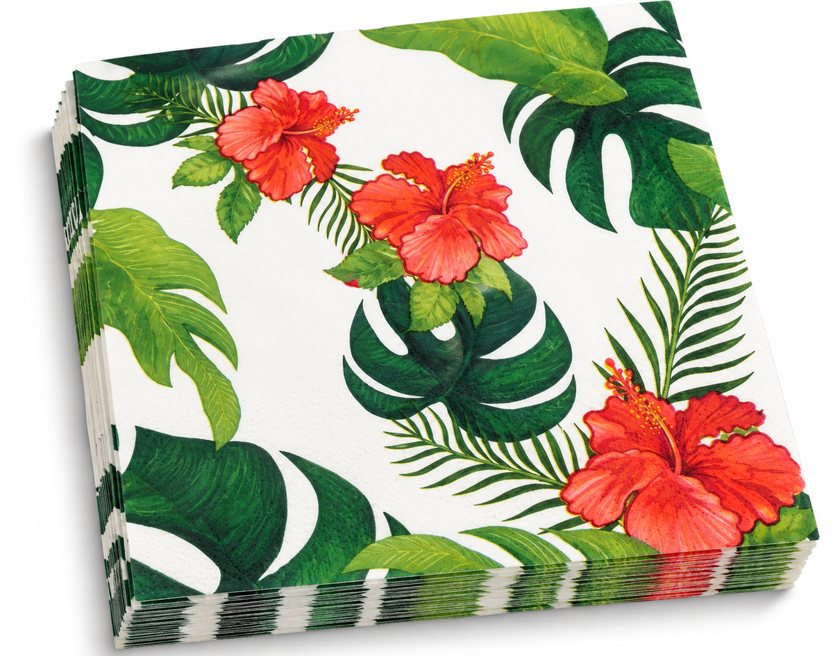 Premsons® Coral Hibiscus and Monstera Leaf Tissue Paper Napkins, Tropical Print, 34 × 34 cm, Pack of 2