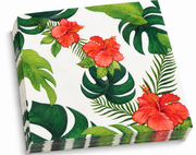 Premsons® tropical tissue paper napkins with coral hibiscus flowers and green monstera leaves