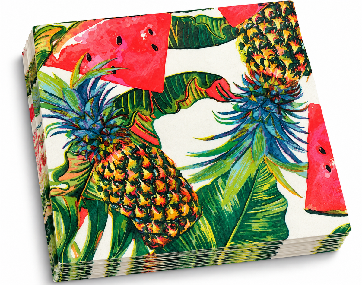 Premsons® Tropical Fruit Print Tissue Paper Napkins, Pineapple and Watermelon Design, 34 × 34 cm, Pack of 2