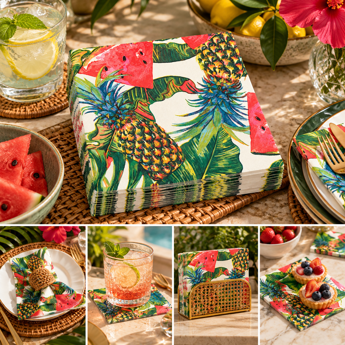 Premsons® Tropical Fruit Print Tissue Paper Napkins, Pineapple and Watermelon Design, 34 × 34 cm, Pack of 2