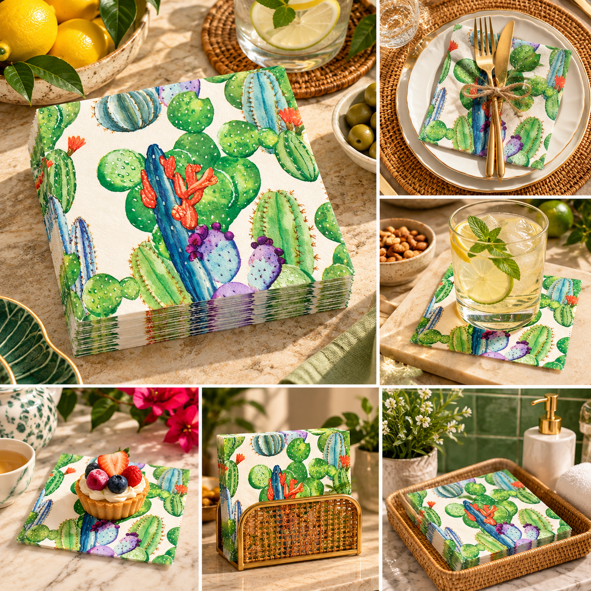 Premsons® Premium Cactus Print Tissue Paper Napkins, Multicolour Botanical Design, 34 × 34 cm, Pack of 2