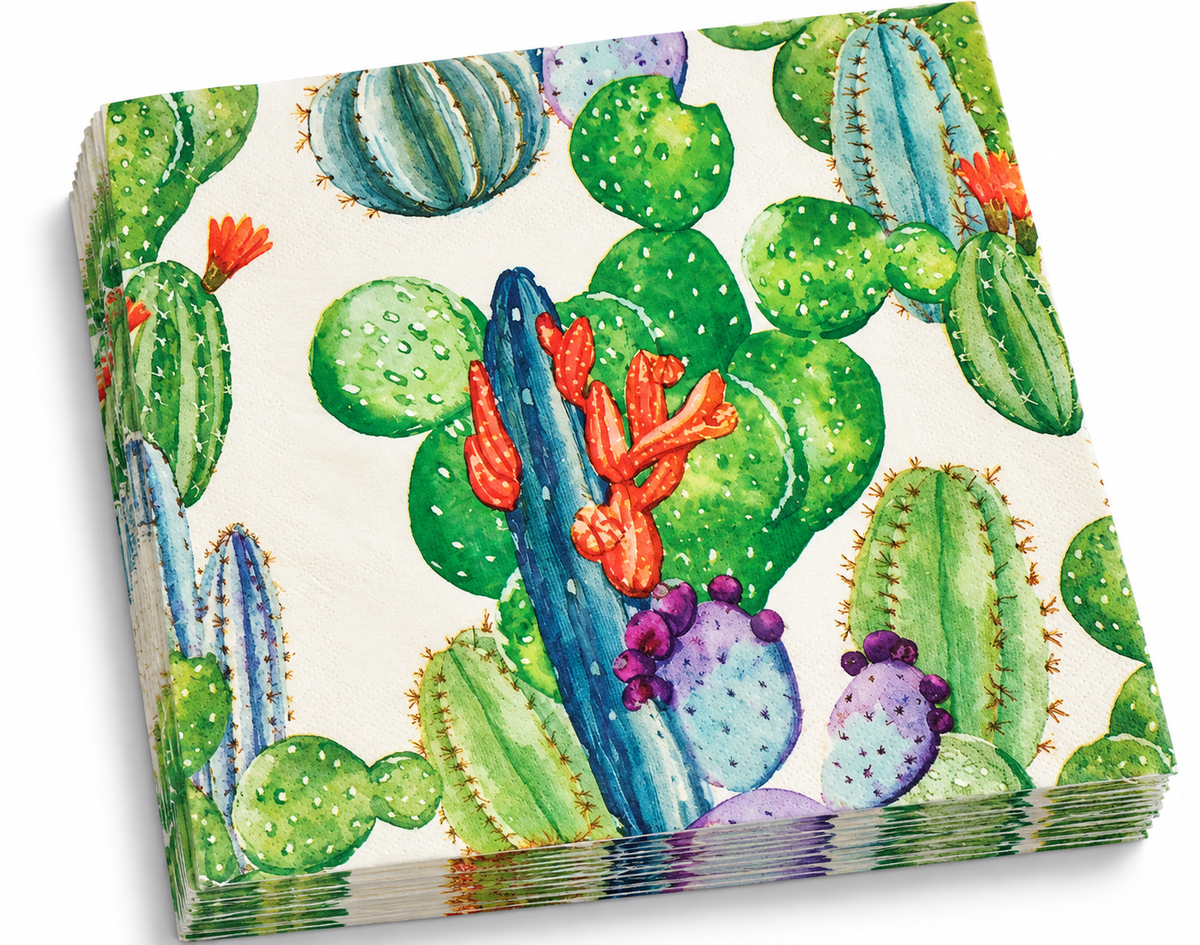 Premsons® Premium Cactus Print Tissue Paper Napkins, Multicolour Botanical Design, 34 × 34 cm, Pack of 2