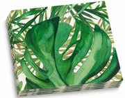 Tissue paper napkins with a large green tropical leaf print, shown as a stacked pack