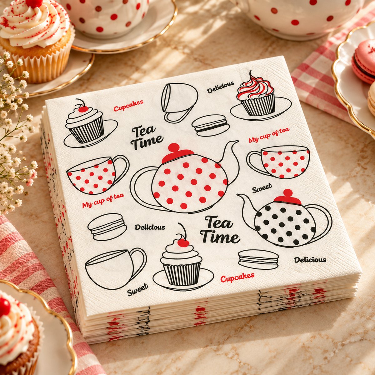 Premsons® Tea Time Printed Tissue Paper Napkins – Teapot, Cupcake and Polka Dot Design Pack of 2