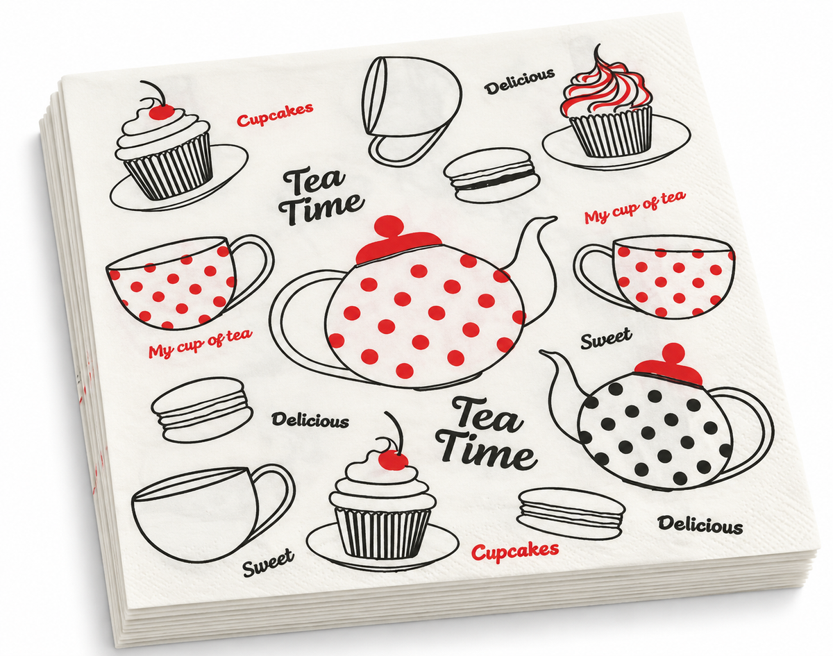 Premsons® Tea Time Printed Tissue Paper Napkins – Teapot, Cupcake and Polka Dot Design Pack of 2
