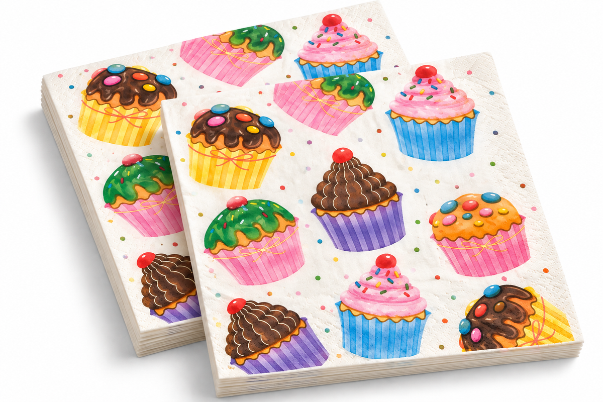 Premsons® Premium Cupcake Print Tissue Paper Napkins, Multicolour Dessert Design, 34 × 34 cm, Pack of 2