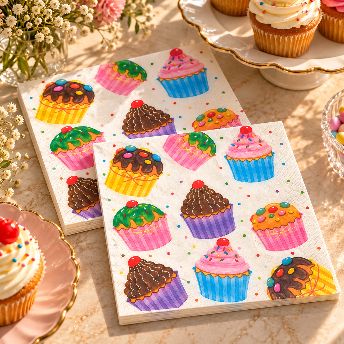Premsons® Premium Cupcake Print Tissue Paper Napkins, Multicolour Dessert Design, 34 × 34 cm, Pack of 2