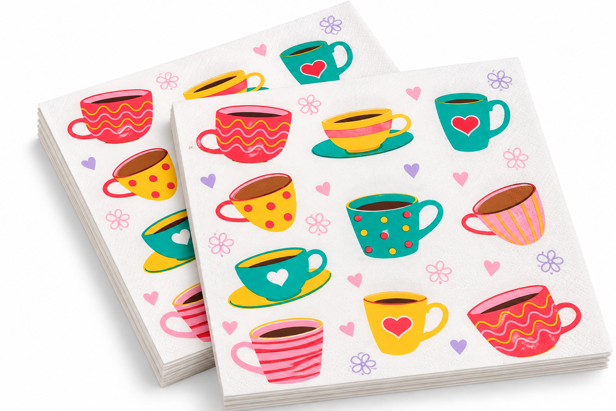 Premsons® Coffee Print Tissue Paper Napkins, Assorted Coffee Cup Design, 34 × 34 cm, Pack of 2
