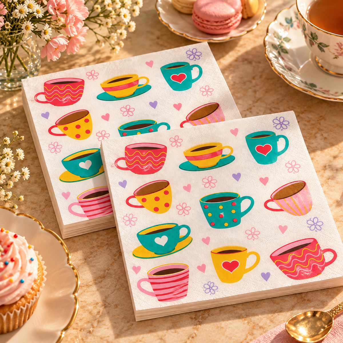 Premsons® Coffee Print Tissue Paper Napkins, Assorted Coffee Cup Design, 34 × 34 cm, Pack of 2
