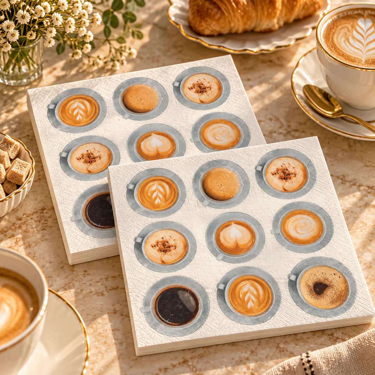 Premsons® Coffee Print Tissue Paper Napkins, Assorted Cappuccino and Latte Cup Design, 34 × 34 cm, Pack of 2