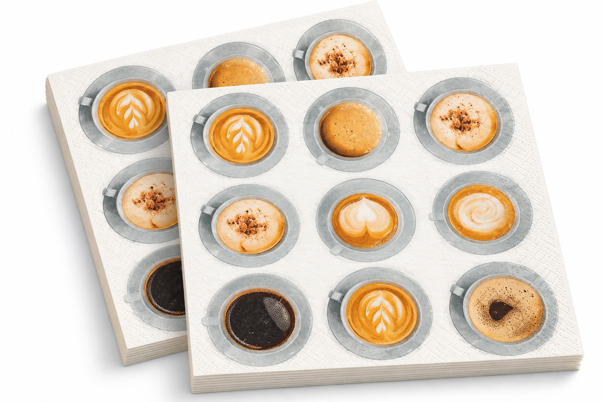 Premsons® Coffee Print Tissue Paper Napkins, Assorted Cappuccino and Latte Cup Design, 34 × 34 cm, Pack of 2