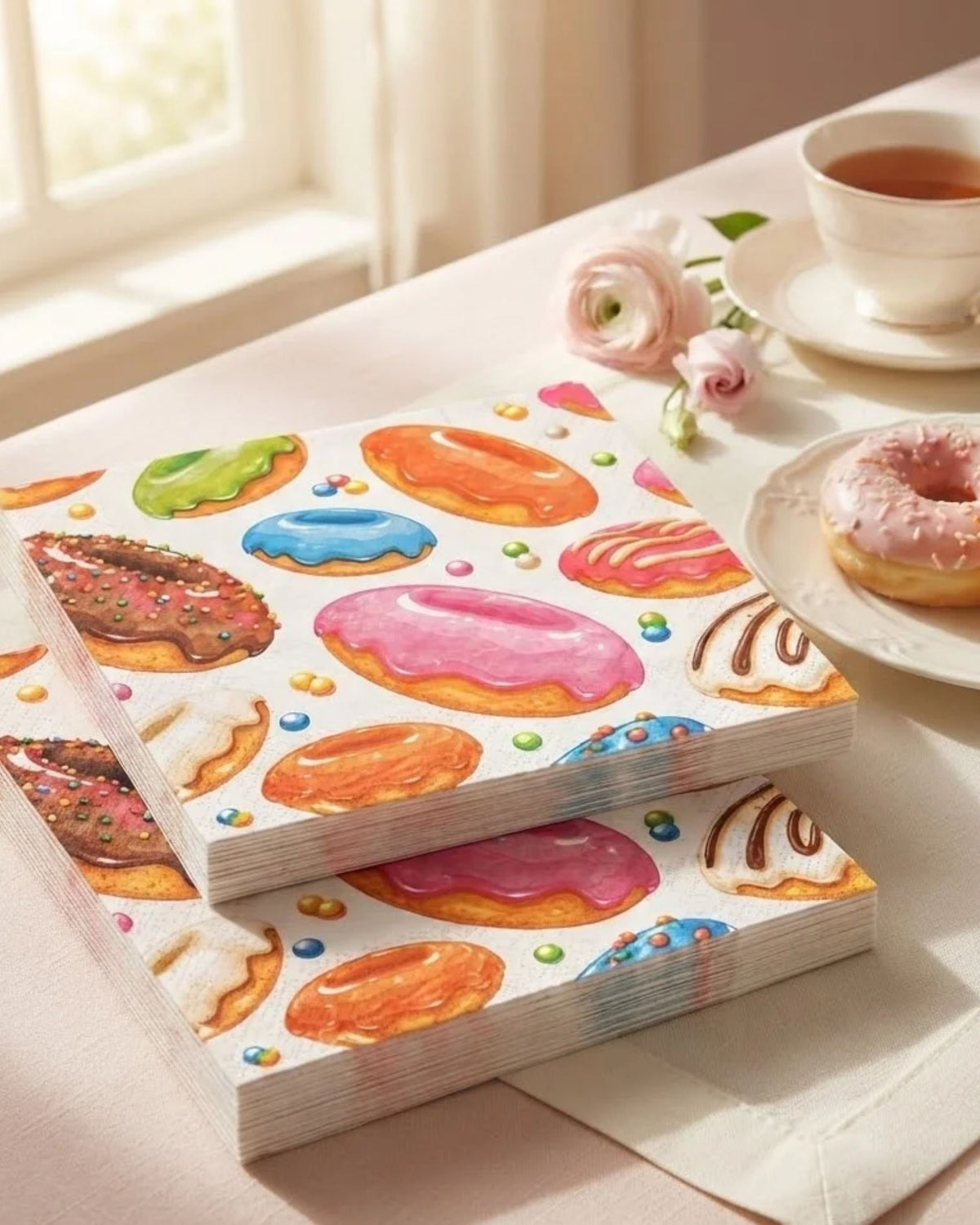 Premsons® Colourful Doughnut Print Tissue Paper Napkins, Assorted Iced Doughnut Design, 34 × 34 cm, Pack of 2