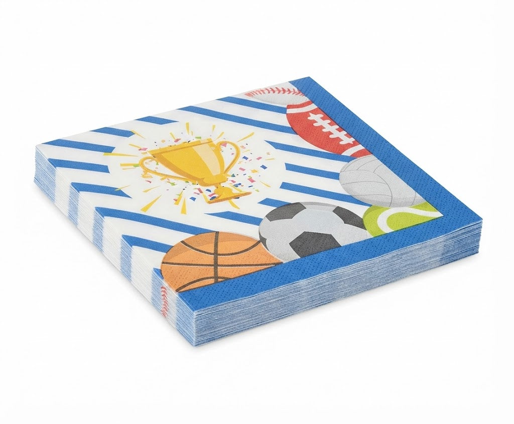 Premsons® Sports Theme Print Tissue Paper Napkins, Multicolour Sports Ball and Trophy Design, 34 × 34 cm, Pack of 2