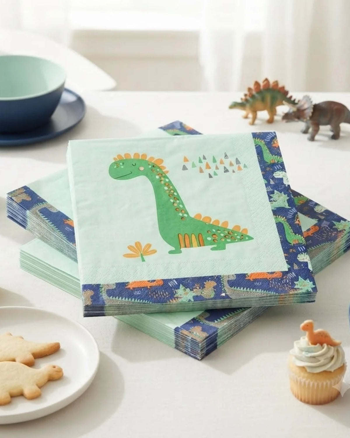 Premsons® Dinosaur Print Tissue Paper Napkins, Green Dinosaur and Prehistoric Theme Design, 34 × 34 cm, Pack of 2