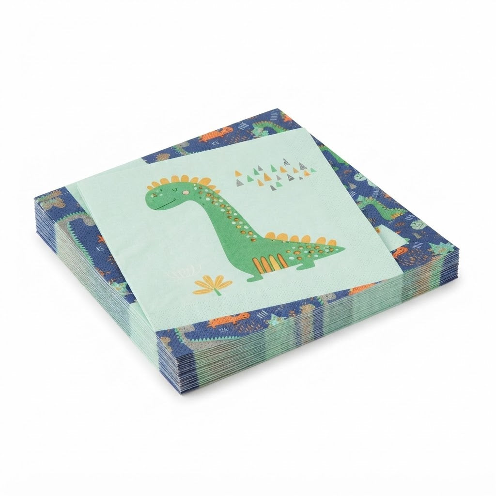 Premsons® Dinosaur Print Tissue Paper Napkins, Green Dinosaur and Prehistoric Theme Design, 34 × 34 cm, Pack of 2