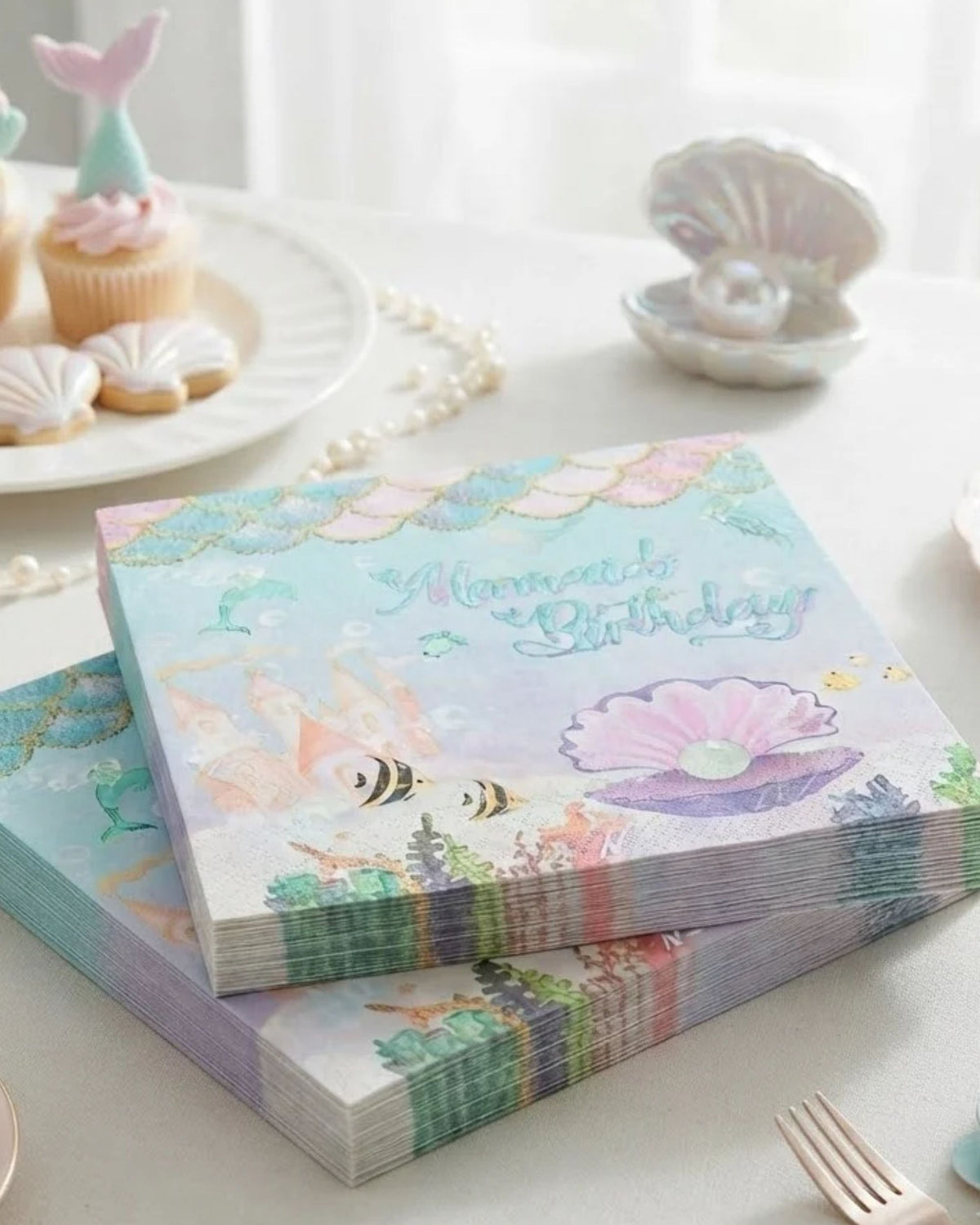 Premsons® Mermaid Theme Print Tissue Paper Napkins, Under the Sea Birthday Design, 34 × 34 cm, Pack of 2