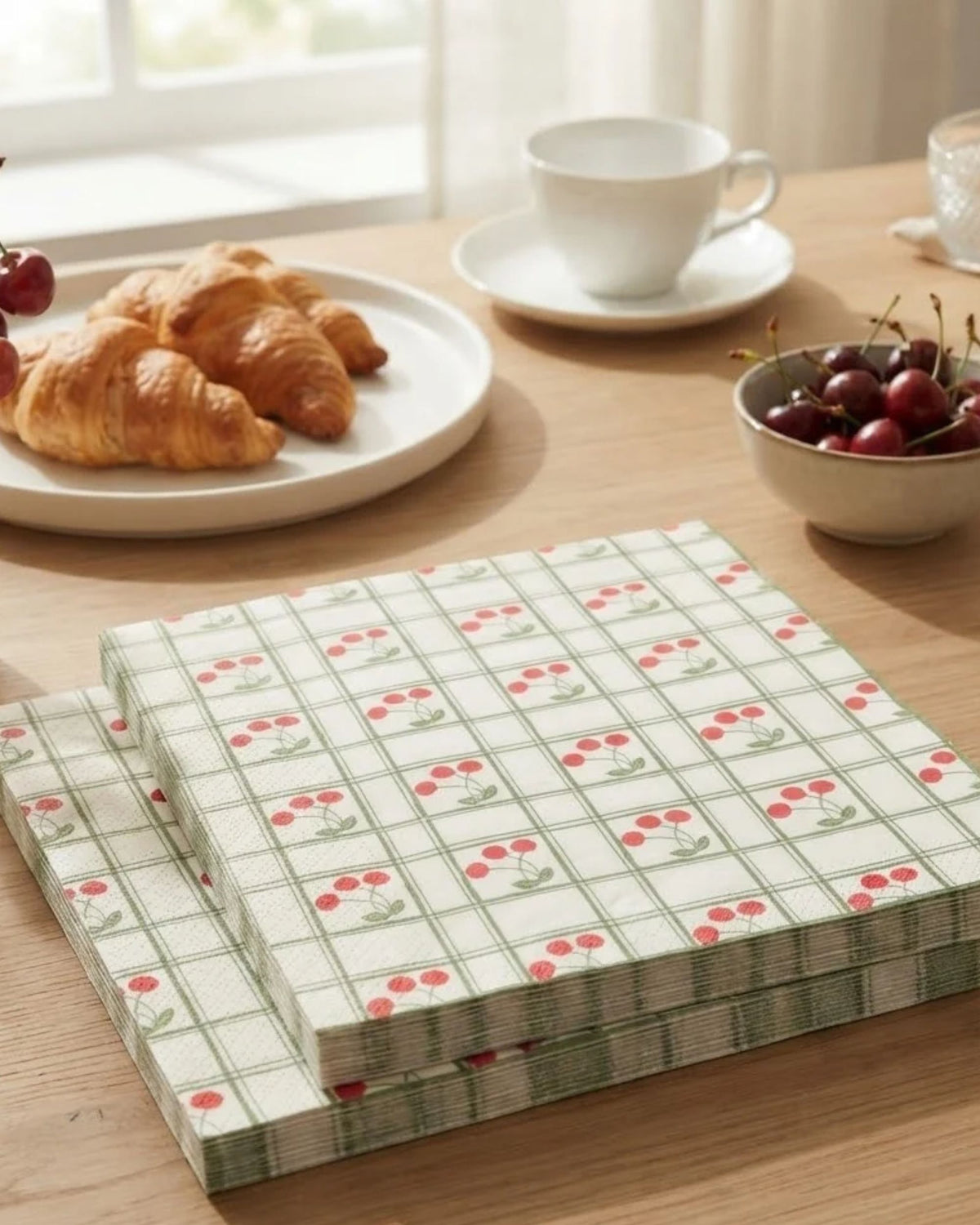 Premsons® Cherry Print Tissue Paper Napkins, Red Cherry and Green Checkered Design, 34 × 34 cm, Pack of 2