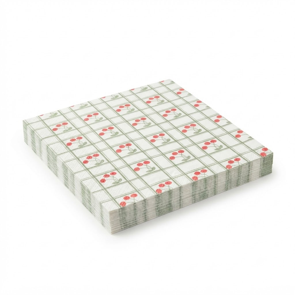 Premsons® Cherry Print Tissue Paper Napkins, Red Cherry and Green Checkered Design, 34 × 34 cm, Pack of 2