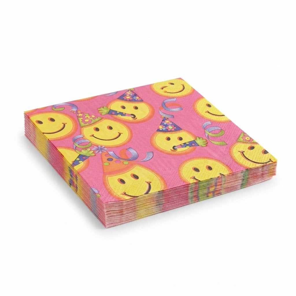 Premsons® Smiley Face Print Tissue Paper Napkins, Colourful Birthday Party Hat Design, 34 × 34 cm, Pack of 2