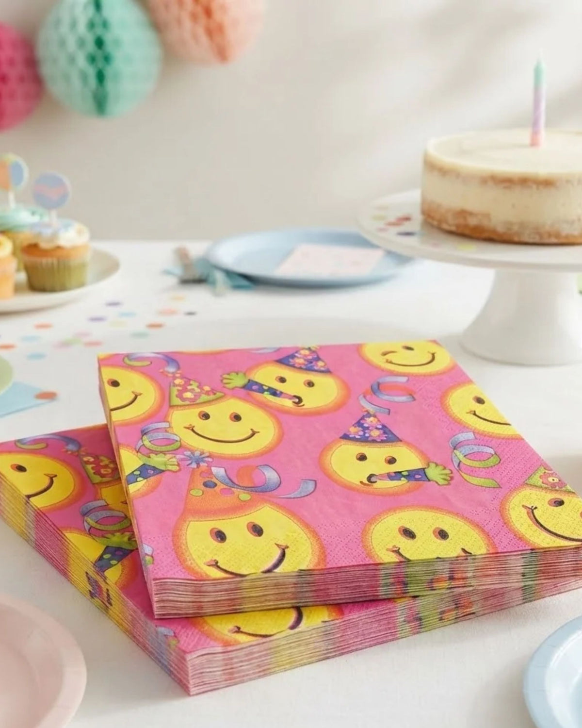 Premsons® Smiley Face Print Tissue Paper Napkins, Colourful Birthday Party Hat Design, 34 × 34 cm, Pack of 2