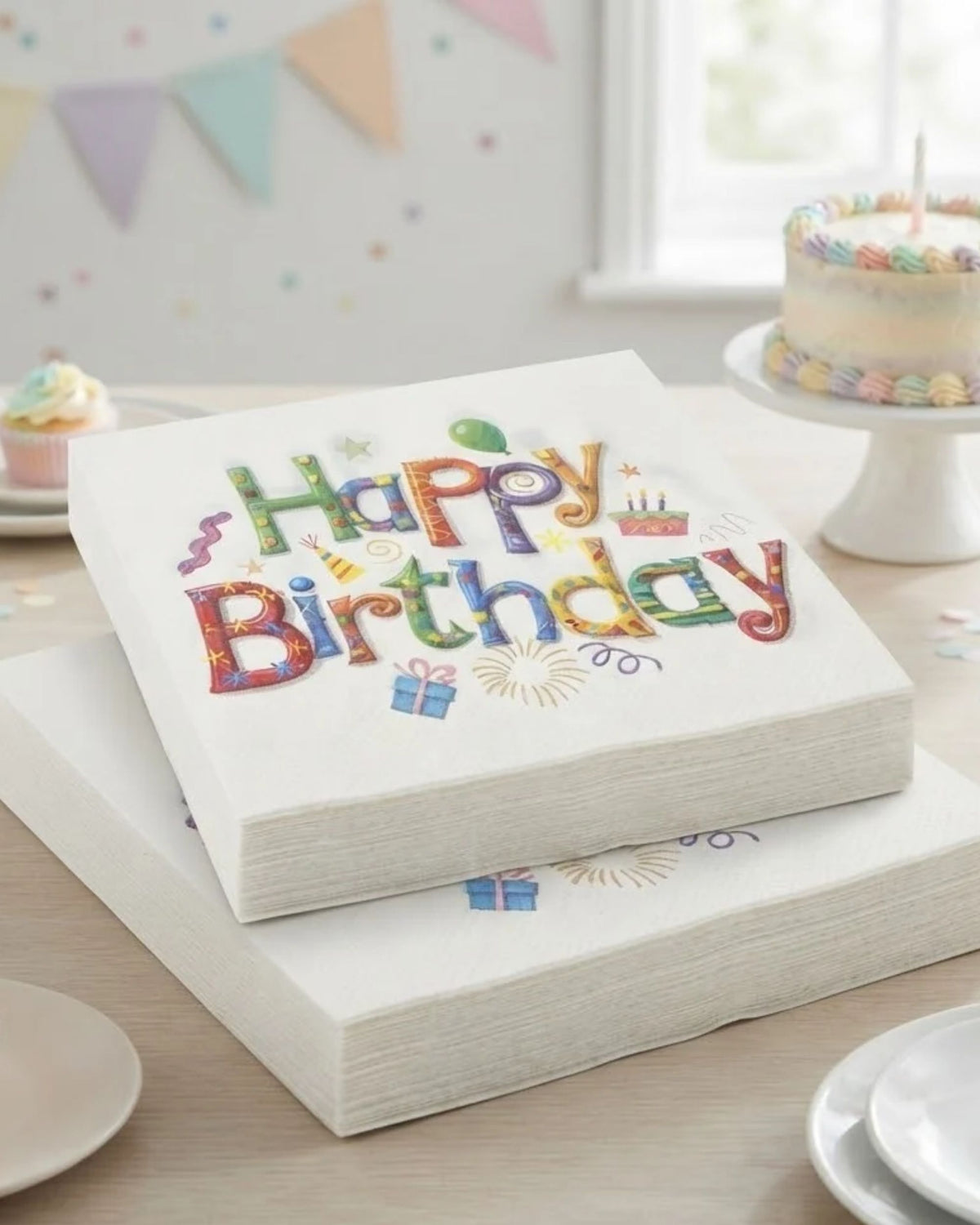 Premsons® Happy Birthday Printed Tissue Paper Napkins, Multicolour Birthday Celebration Design, 20 Pieces per Pack, Pack of 2