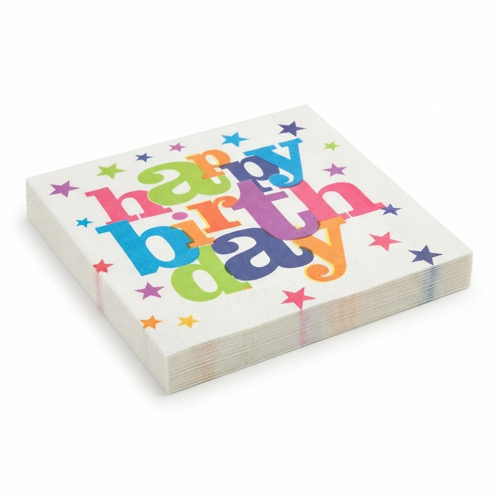 Stack of birthday tissue napkins with multicolored lettering and star print