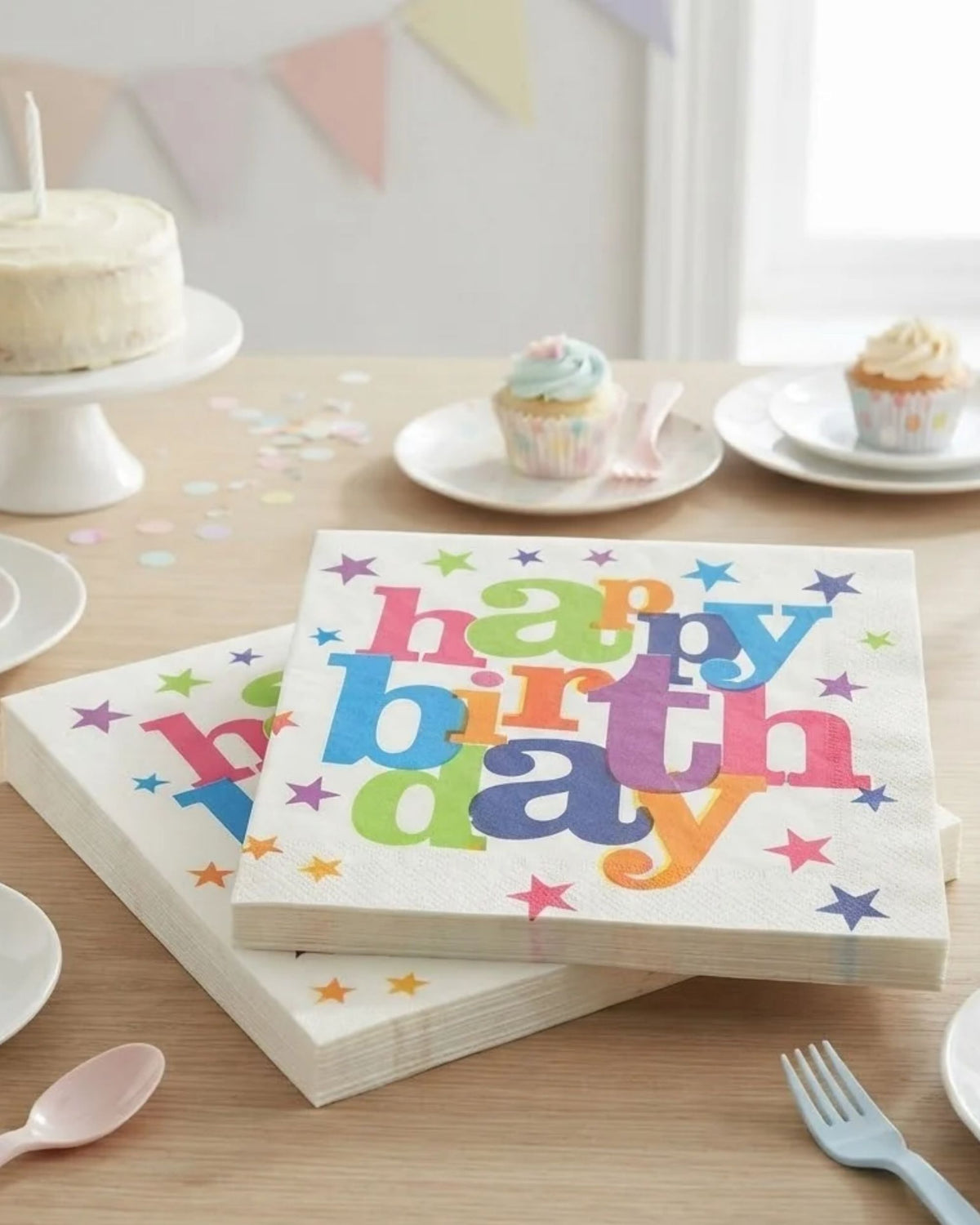 Premsons® Happy Birthday Star Print Tissue Paper Napkins, Multicolour Typography Design, 20 Pieces per Pack, Pack of 2