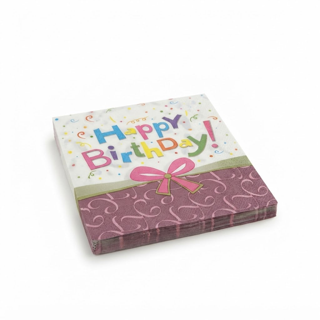 Premsons® birthday tissue paper napkins with colorful lettering, a pink bow, and purple swirls