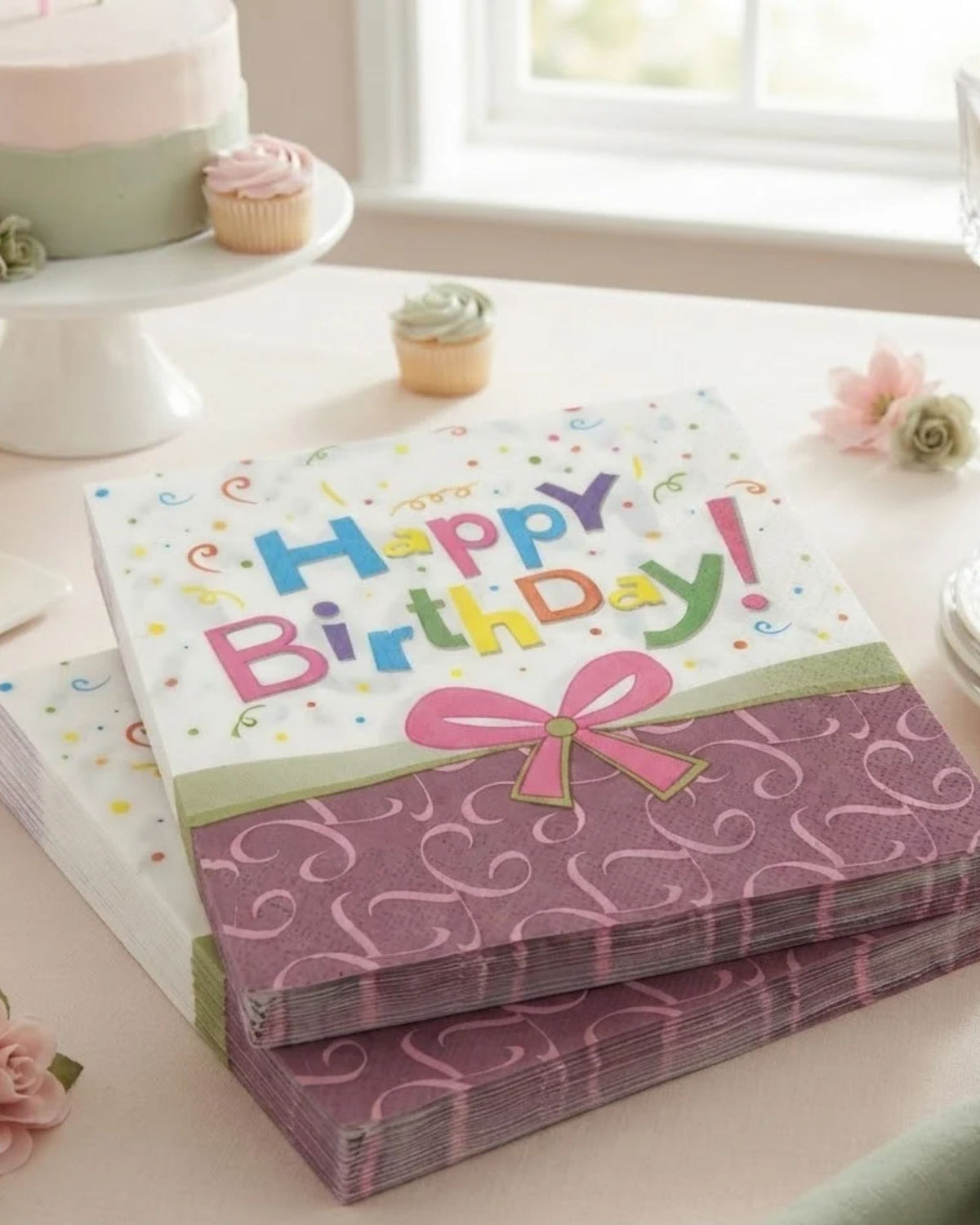 Premsons® birthday tissue paper napkins stacked, showing the colorful bow and lettering design