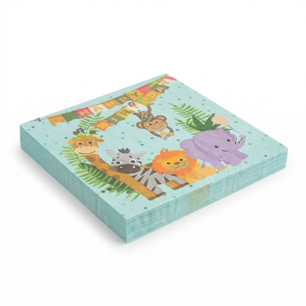 Premsons® Jungle Animals Happy Birthday Tissue Paper Napkins, Safari Animal Party Design, 20 Pieces per Pack, Pack of 2
