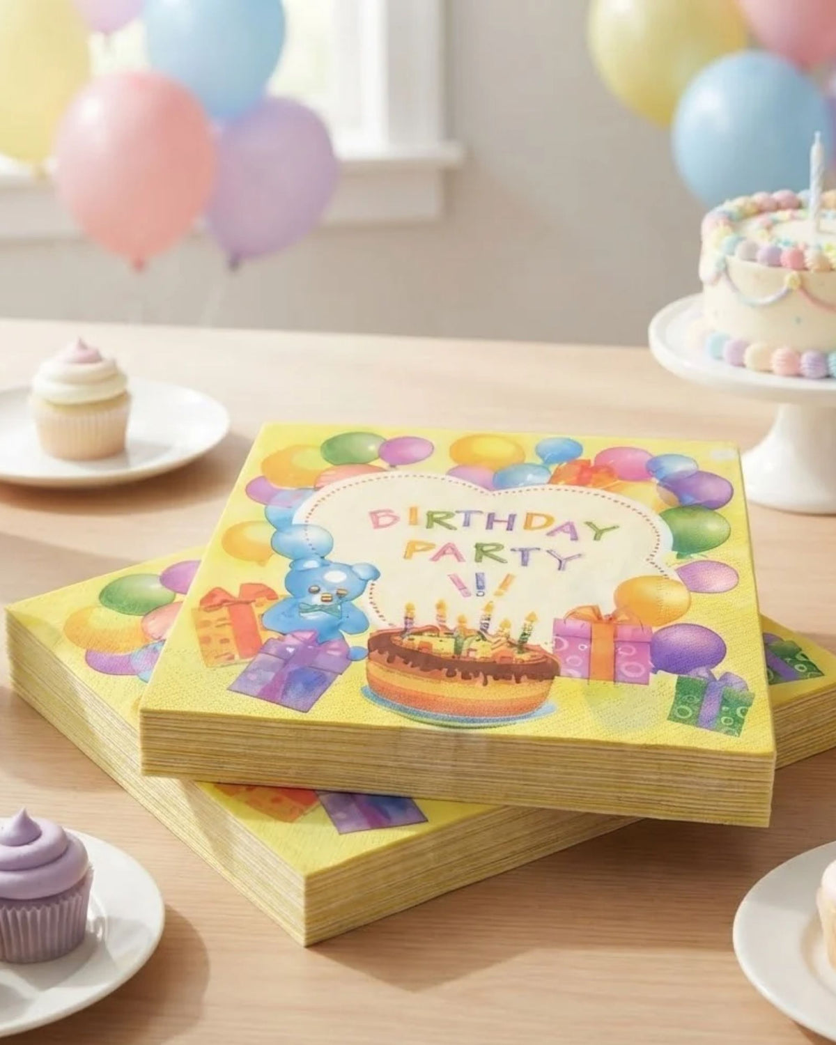 Premsons® Birthday Party Tissue Paper Napkins, Colourful Balloons and Birthday Cake Design, Pack of 2 (20 Pieces)