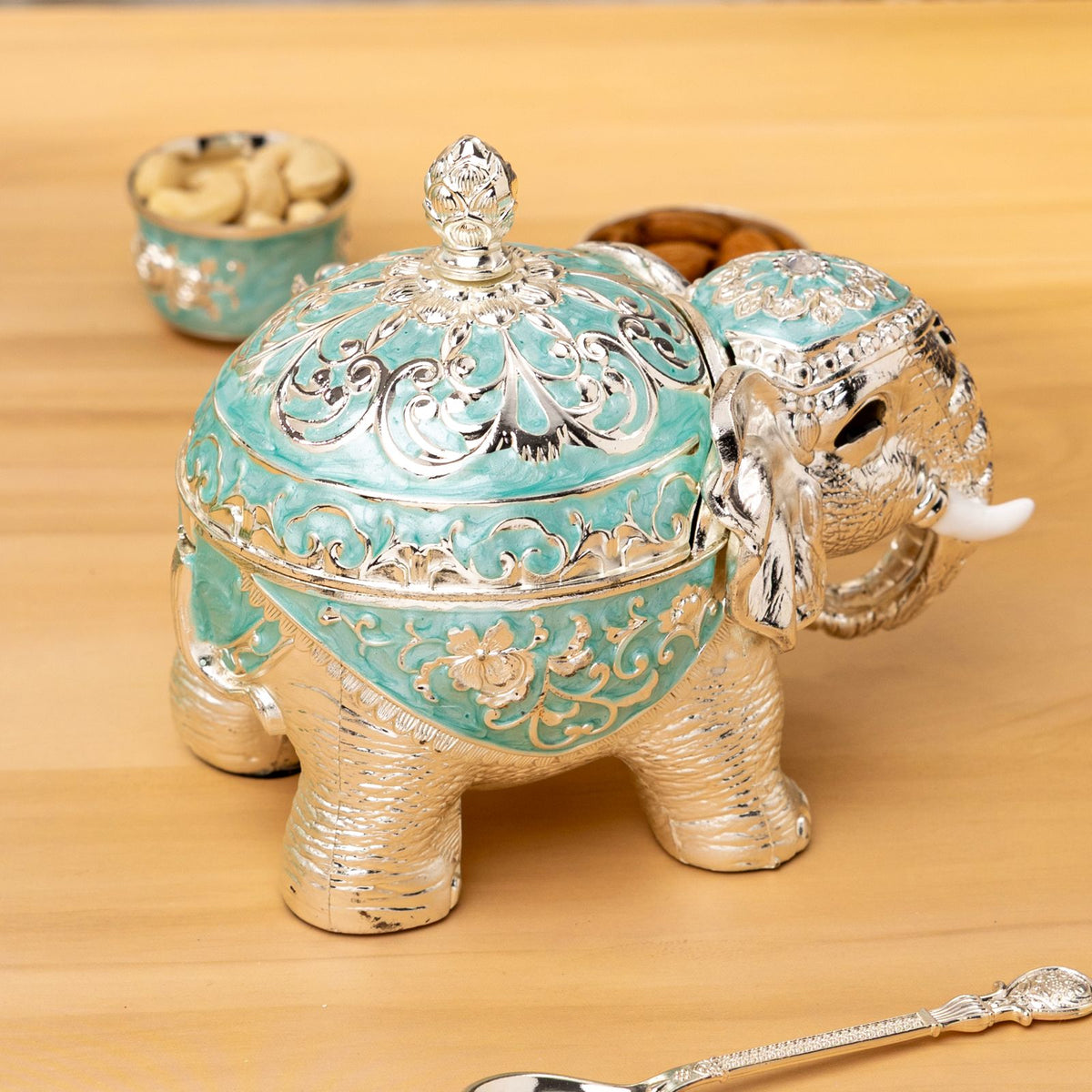 Premsons® Turquoise Enamel Silver Finish Decorative Elephant Set of 2